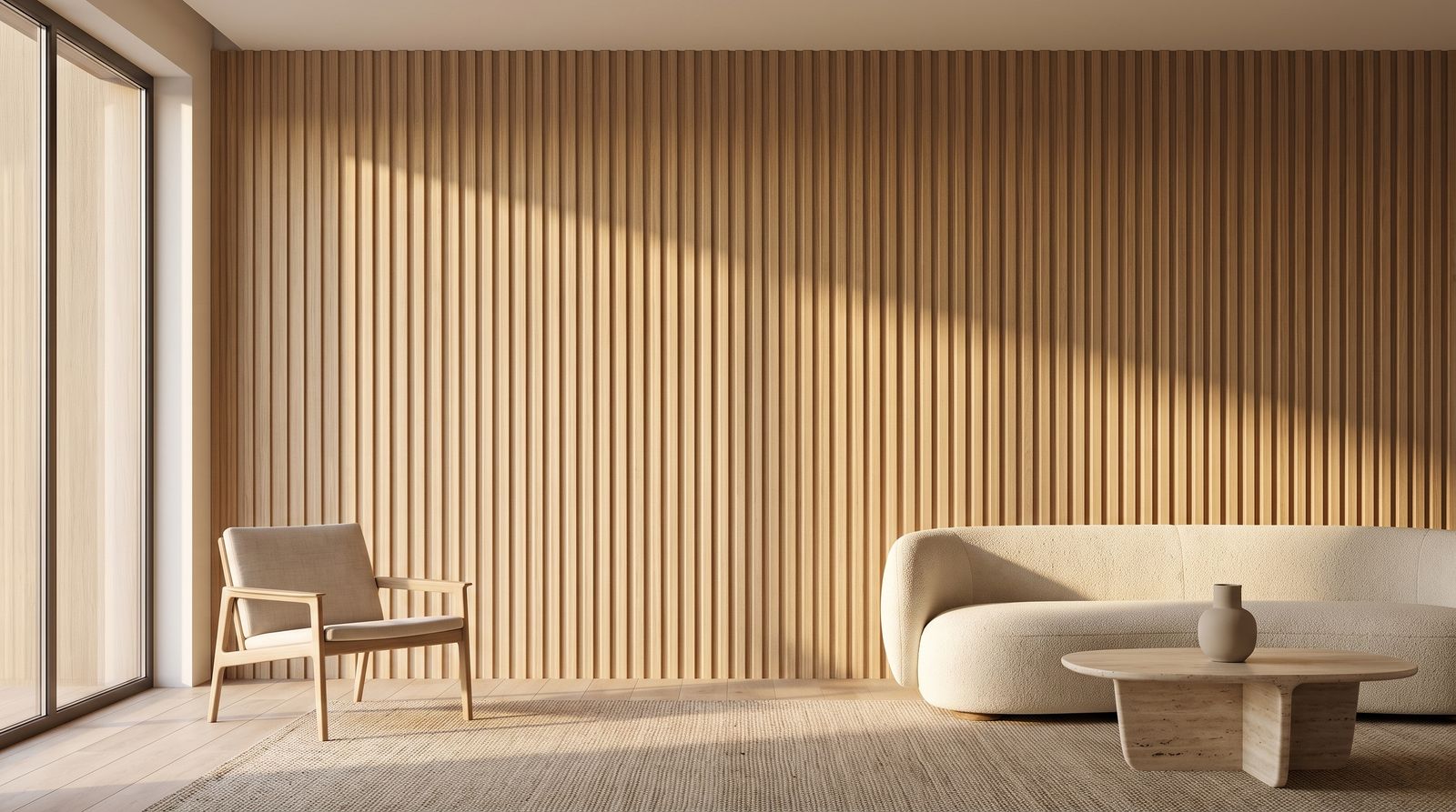 Interior residencial con muro revestido en paneles estriados de WPC